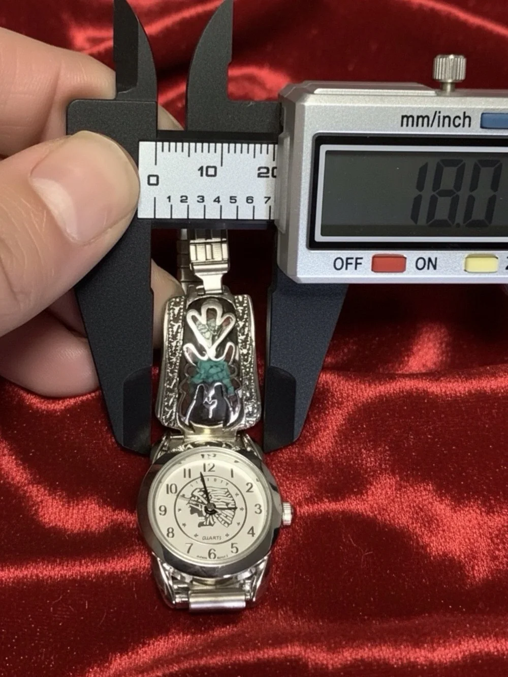 Silver Indian Head Watch Sterling Navajo Turquoise/Coral Thunderbird Band